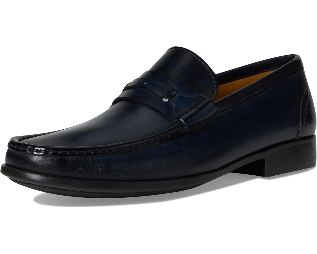 Men's navy leather slip-on loafer with strap vamp and low block heel