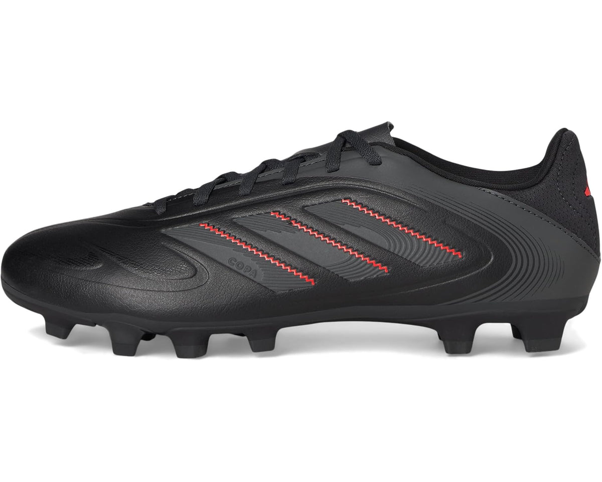 Black lace-up soccer cleats with red-trim stripe design and molded firm-ground studs