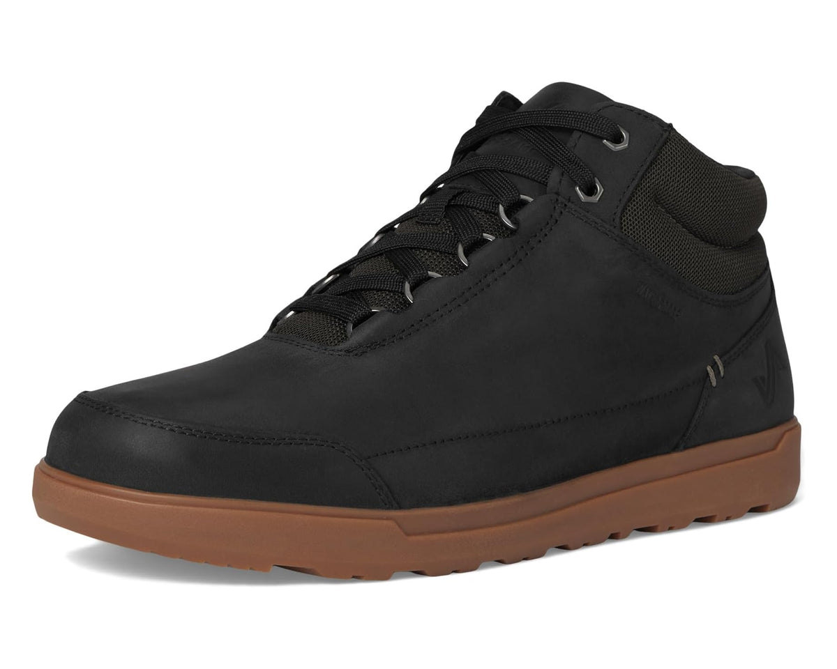 Black mid-top lace-up waterproof boot in profile with brown gum sole