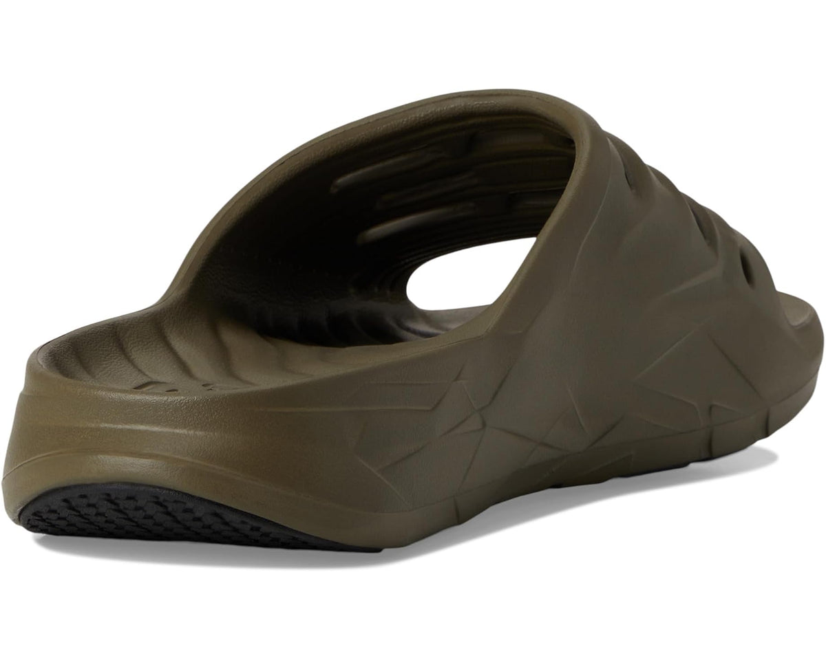Dark olive slide sandal heel with cushioned footbed opening