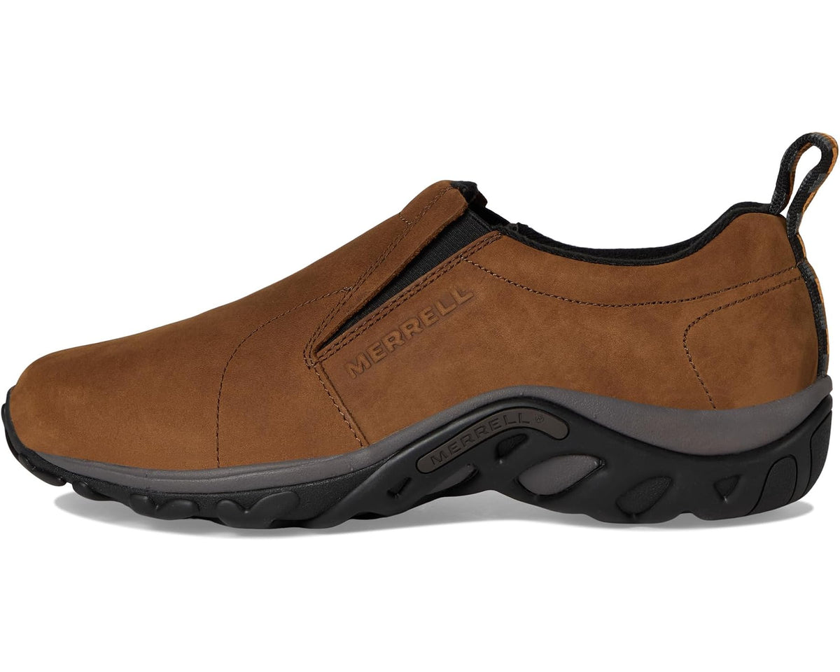 Brown nubuck Merrell slip-on shoe with black collar lining, side panel stitching