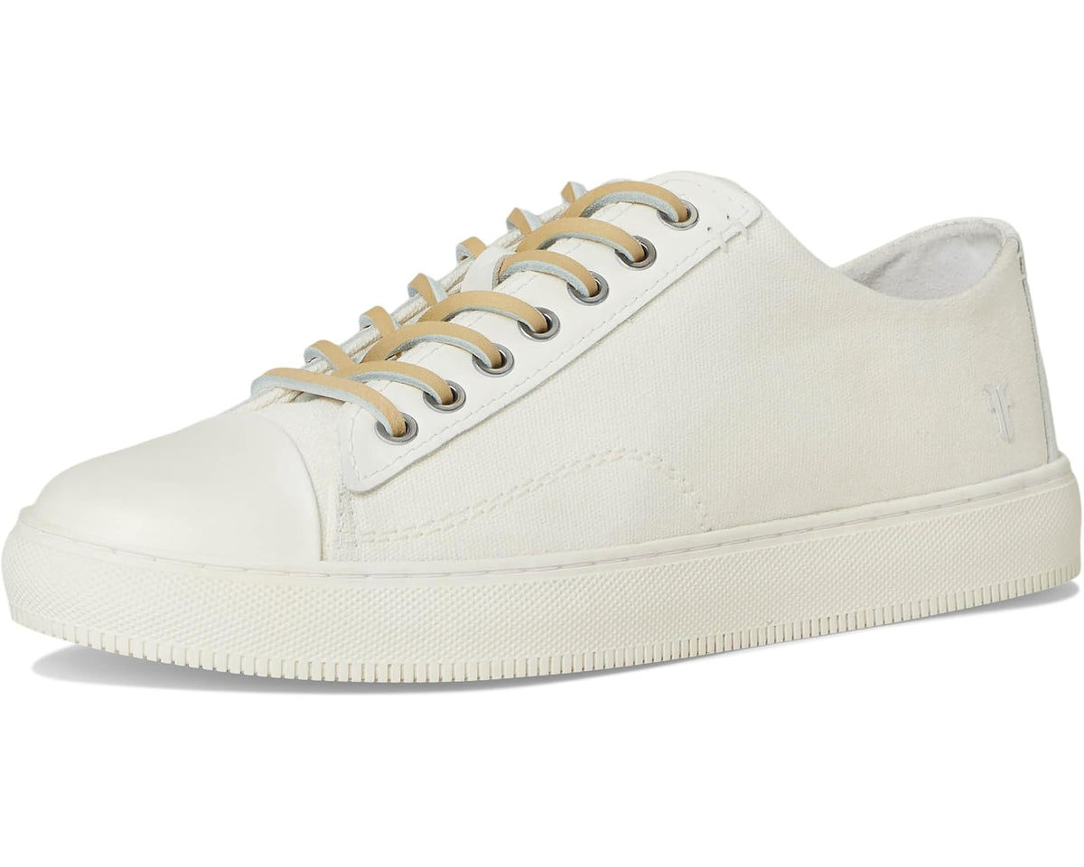 White low-top lace-up cap toe sneakers with rubber sole and small side emblem