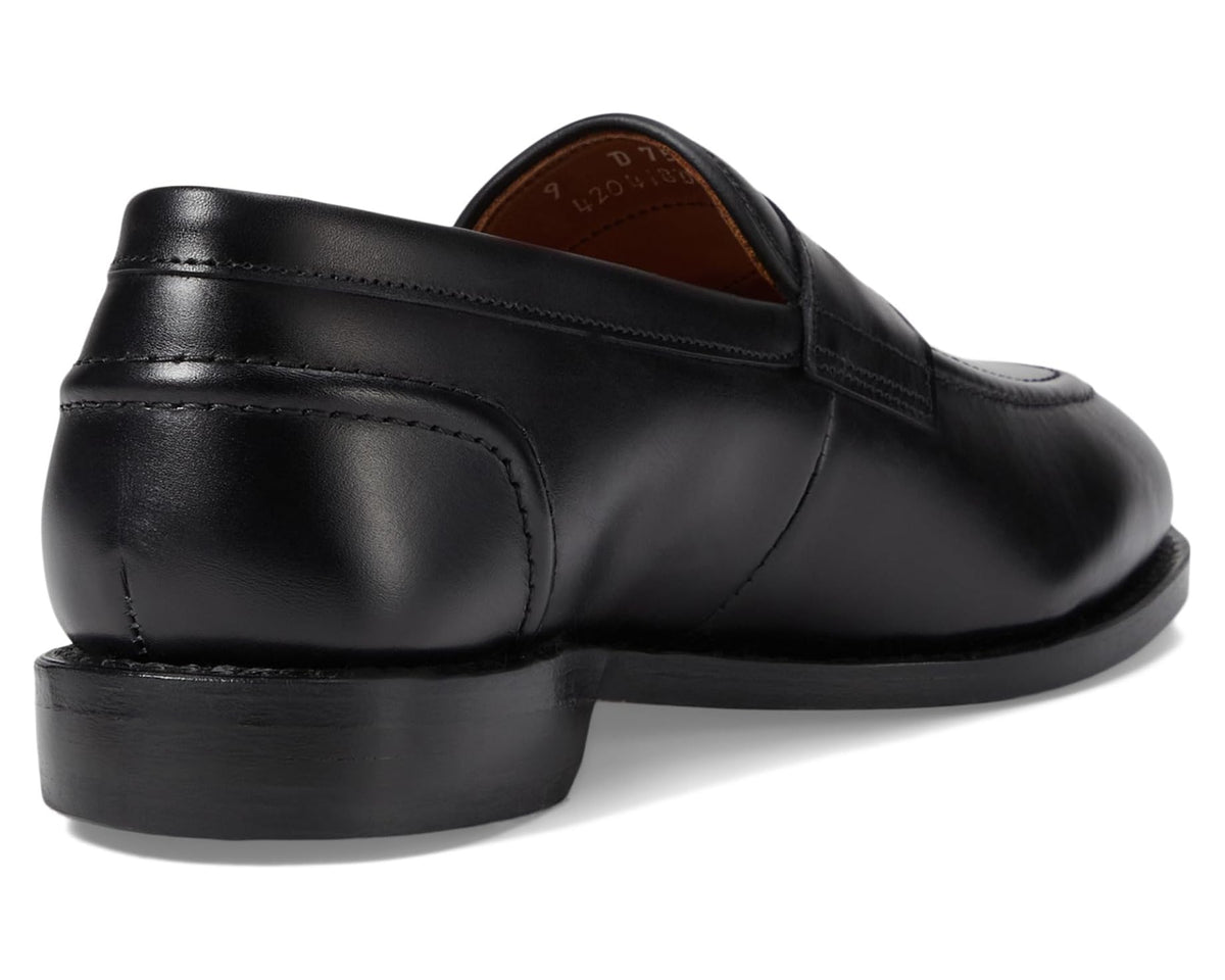 Black leather penny loafer back with cushioned heel and stitched panels