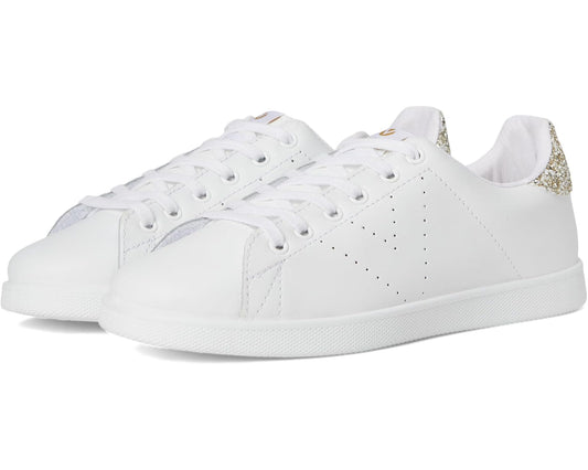 Unisex Victoria leather and glitter sneakers in white with gold glitter side panel