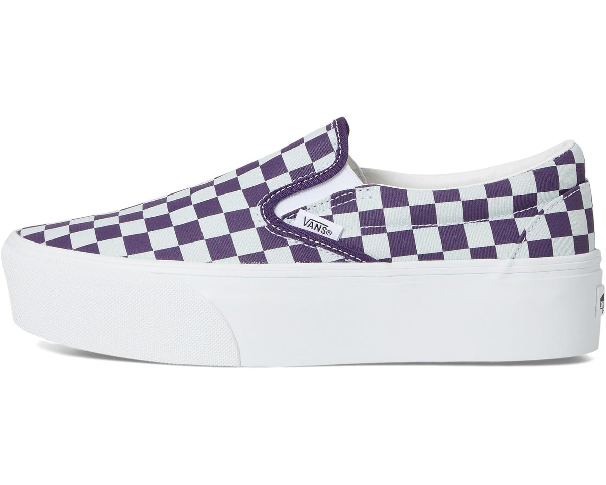 Checkerboard canvas platform slip-on sneaker with white sidewall and Vans label