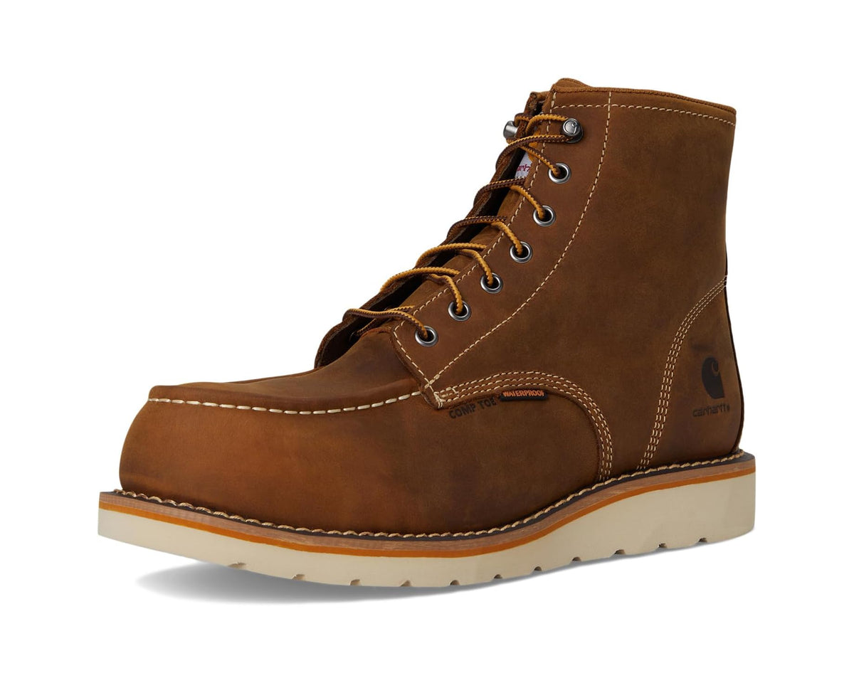 Light brown Carhartt waterproof moc-toe wedge boot with lace-up eyelets