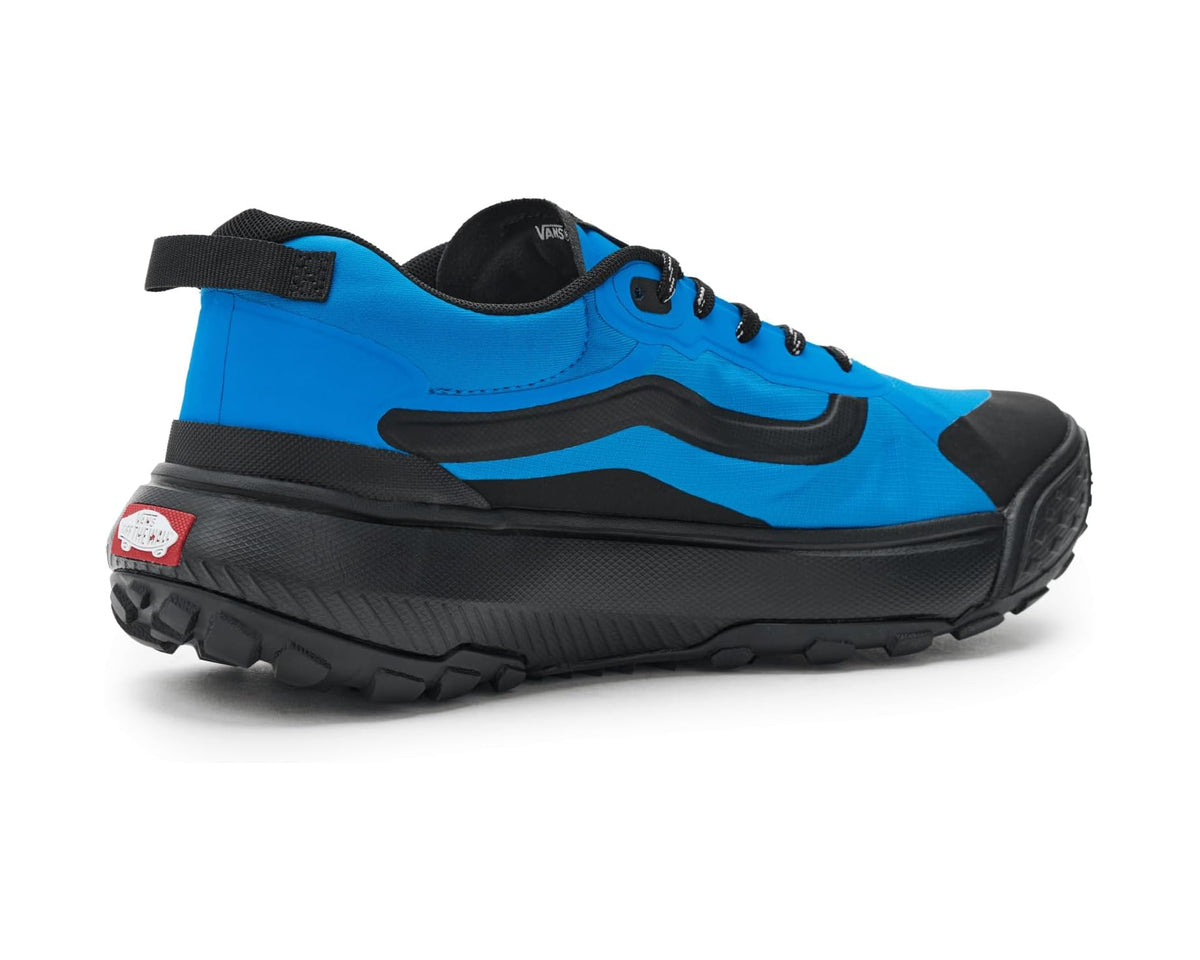 Blue and black low-top sneaker with strap detail and padded collar