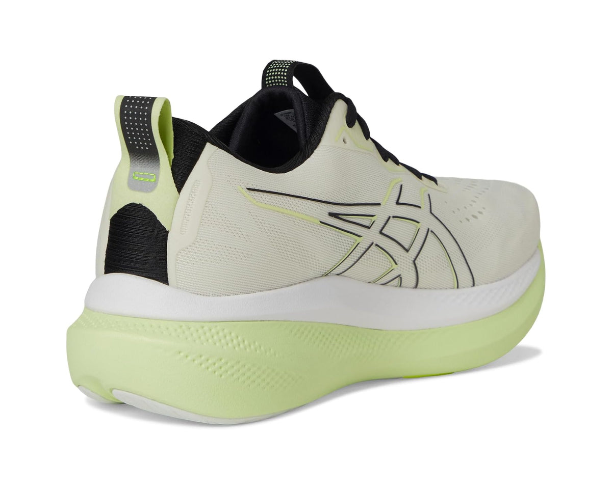 Men's ASICS Glideride Max shoe heel view, black collar lining with neon green heel detail