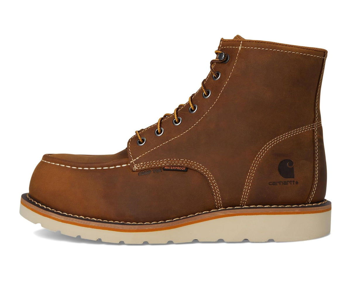 Light brown Carhartt lace-up waterproof boot with cushioned collar and moc-toe