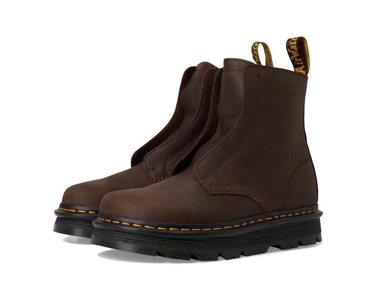 Unisex Dr. Martens lace-less ankle boots in dark brown with yellow welt stitching
