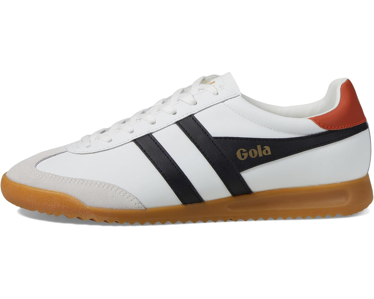 White leather low-top sneakers with black stripes and orange collar and side logo