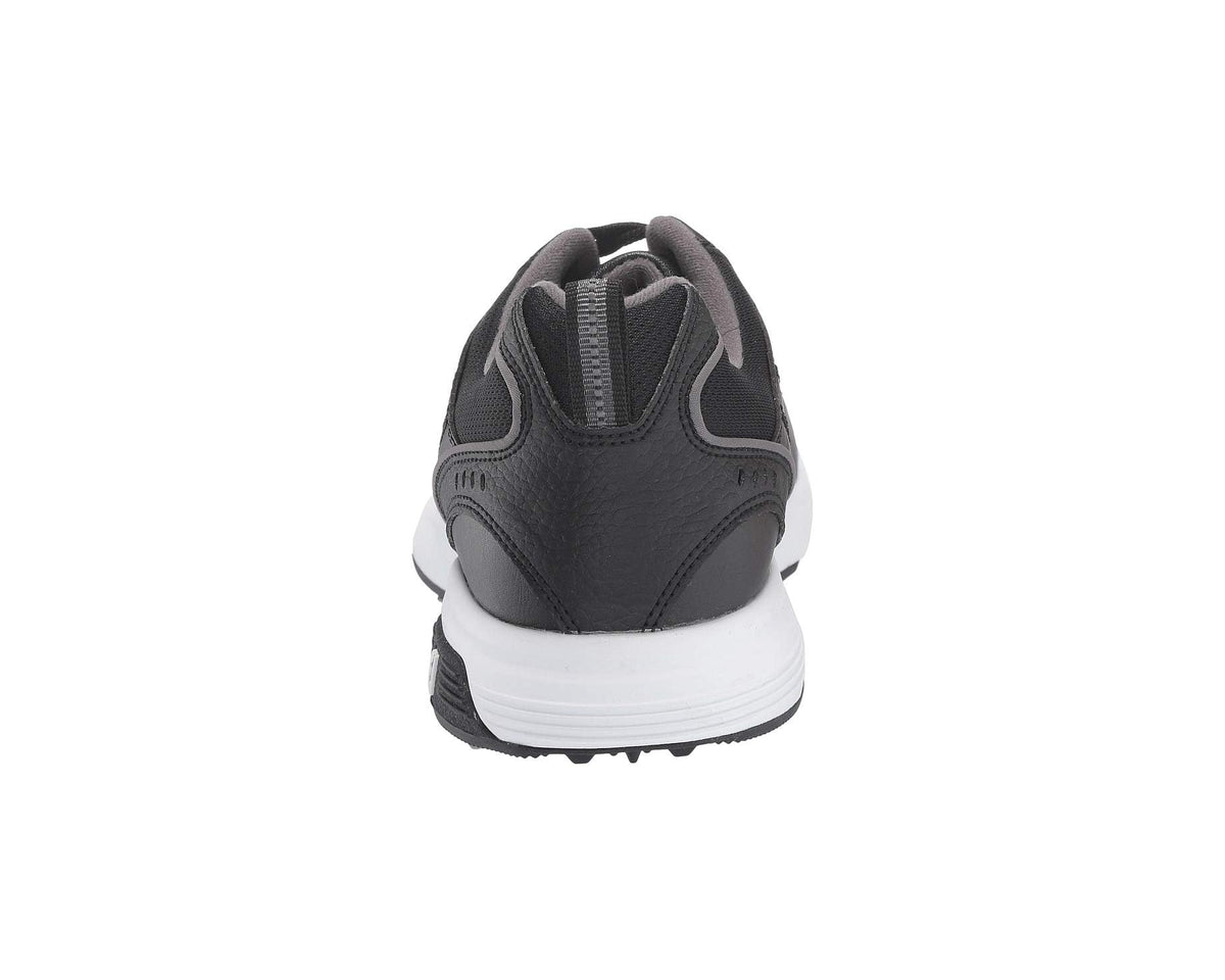 Black lace-up golf sneaker heel with padded back collar and white midsole