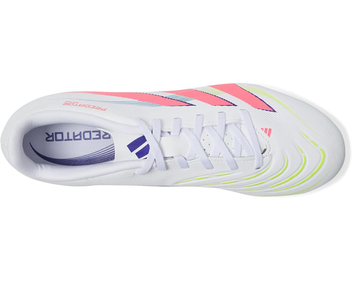 Unisex soccer cleats side view: white upper with pink-and-blue stripes