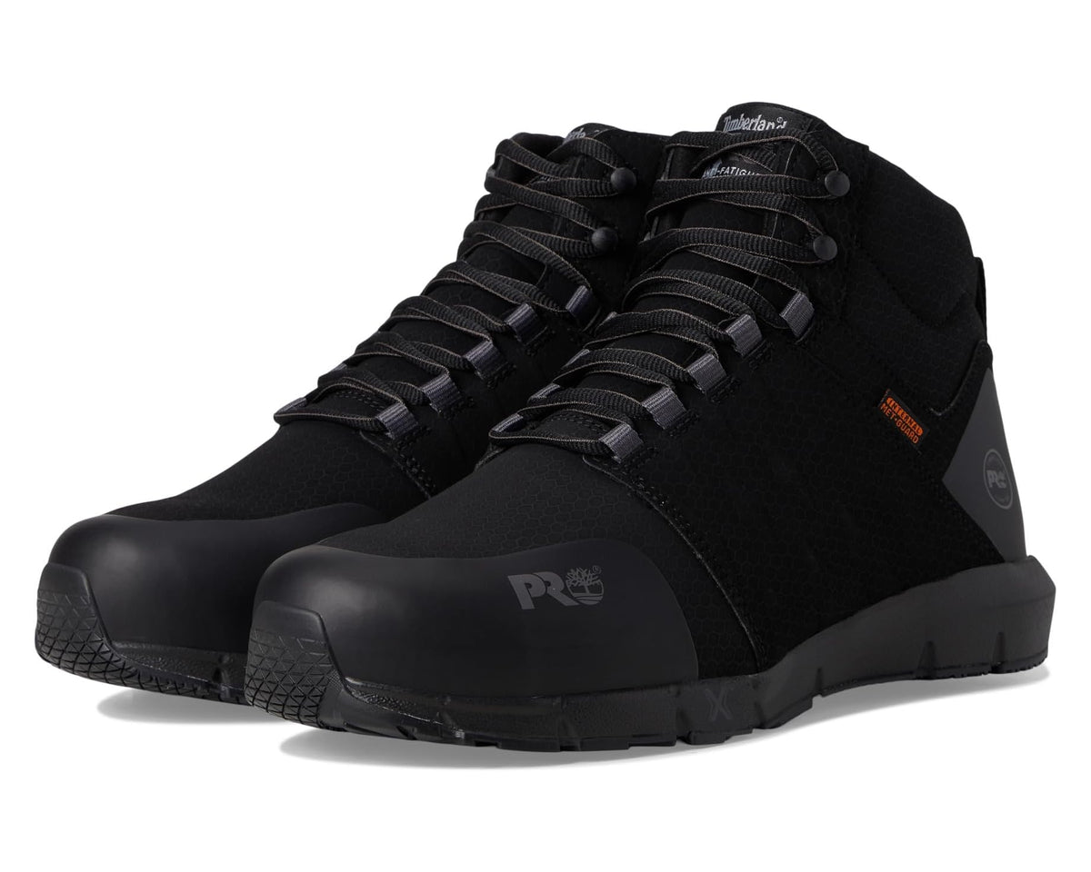 Black mid safety work boot with lace-up closure and composite toe cap