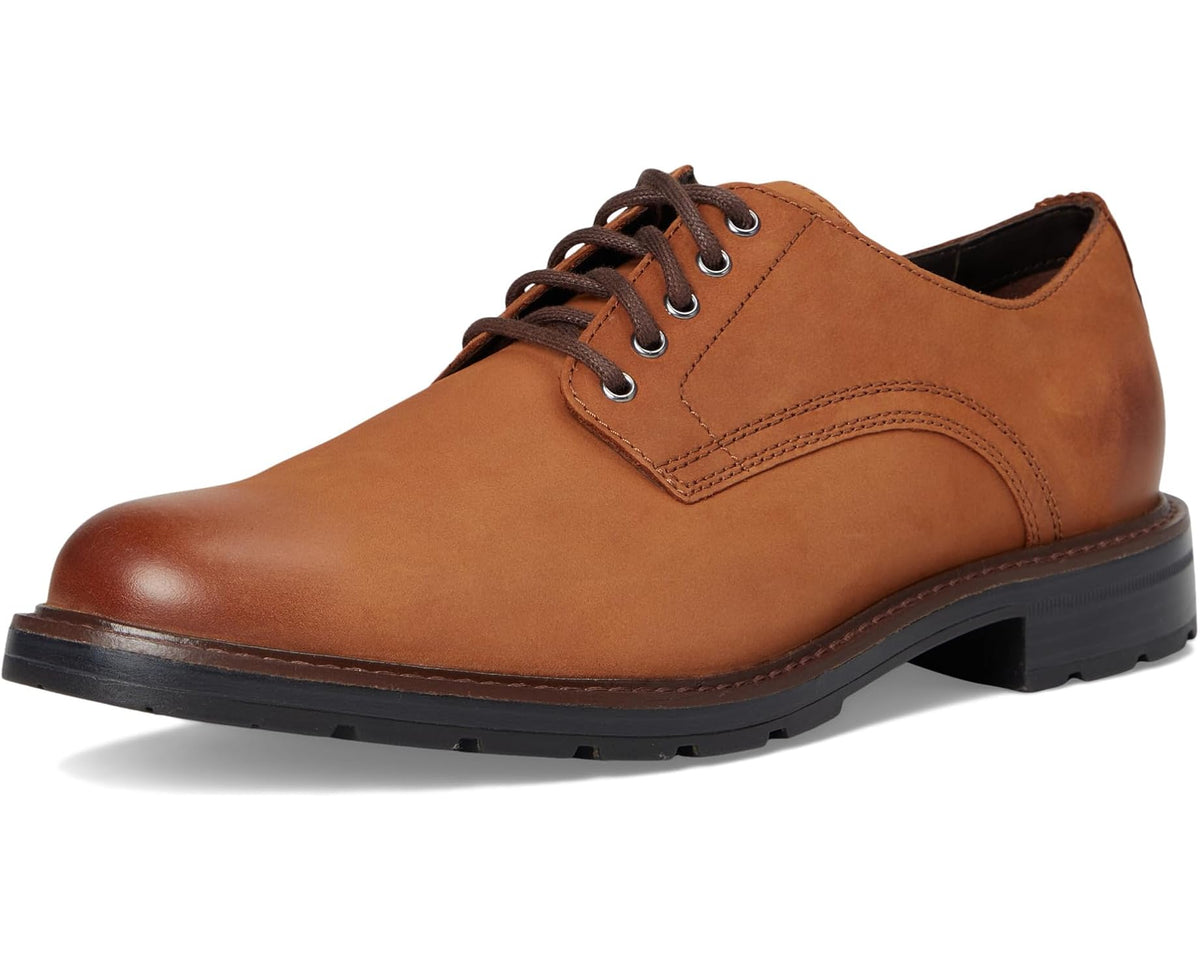 Men's tan nubuck plain-toe oxfords with lace-up front and black rubber sole