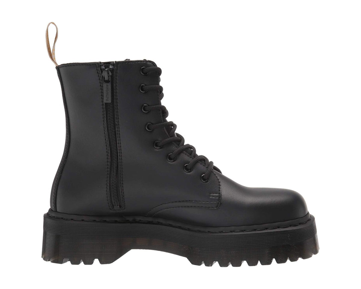 Dr. Martens Jadon II vegan black boots, front-side view with zip closure and laces