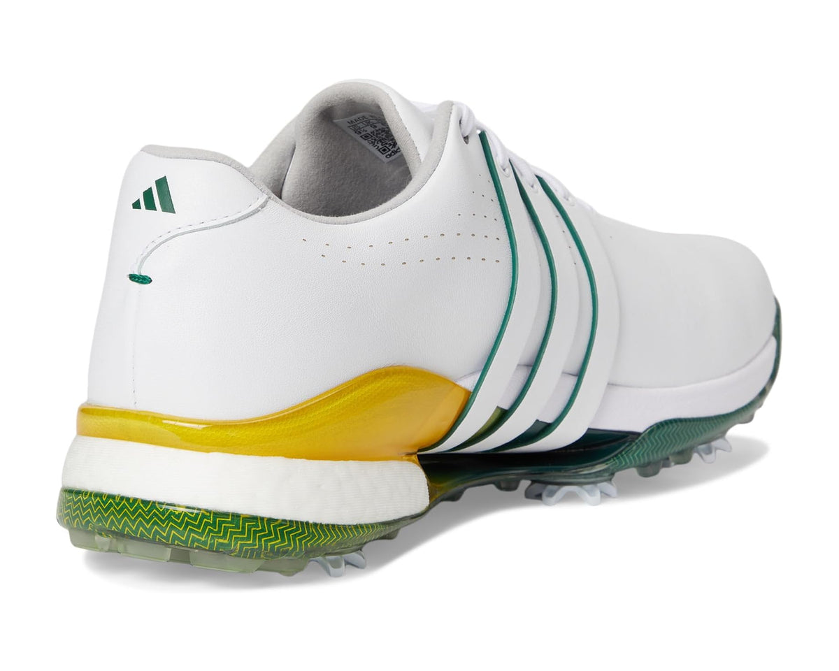 Men's adidas golf shoes heel side view, white leather with green stripes and yellow panel