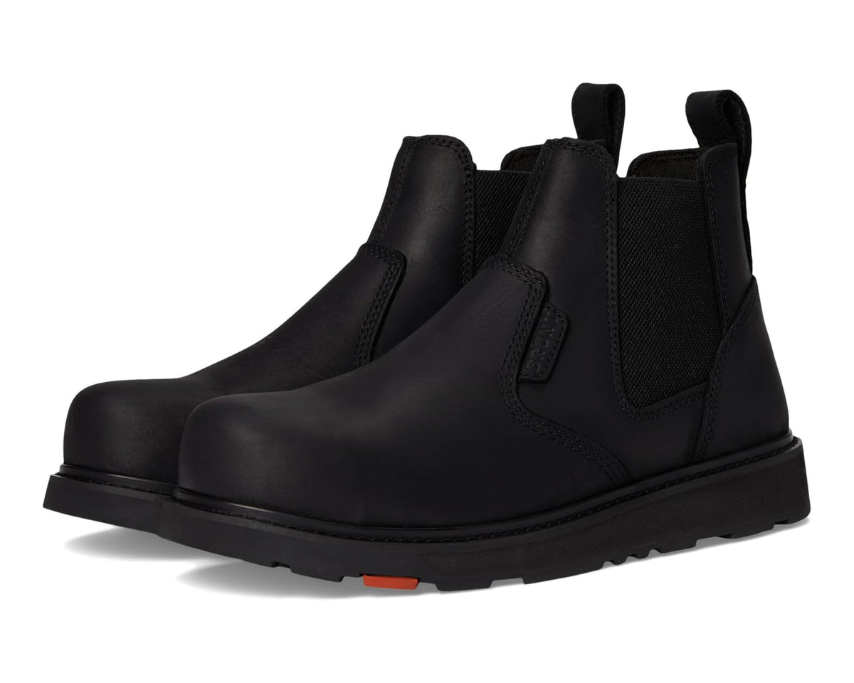 Men's BRUNT black comp-toe Chelsea boots with elastic side panels and pull tabs.