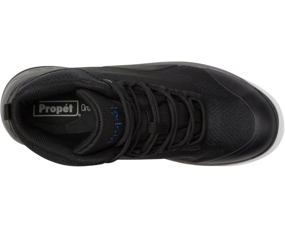 Men's black high-top boot with cushioned collar and lace-up inner panel
