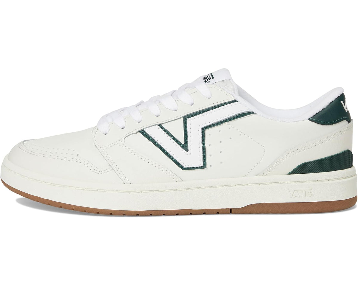 Vans unisex low-top sneakers, white with dark green V stripe, lace-up front, and gum sole.