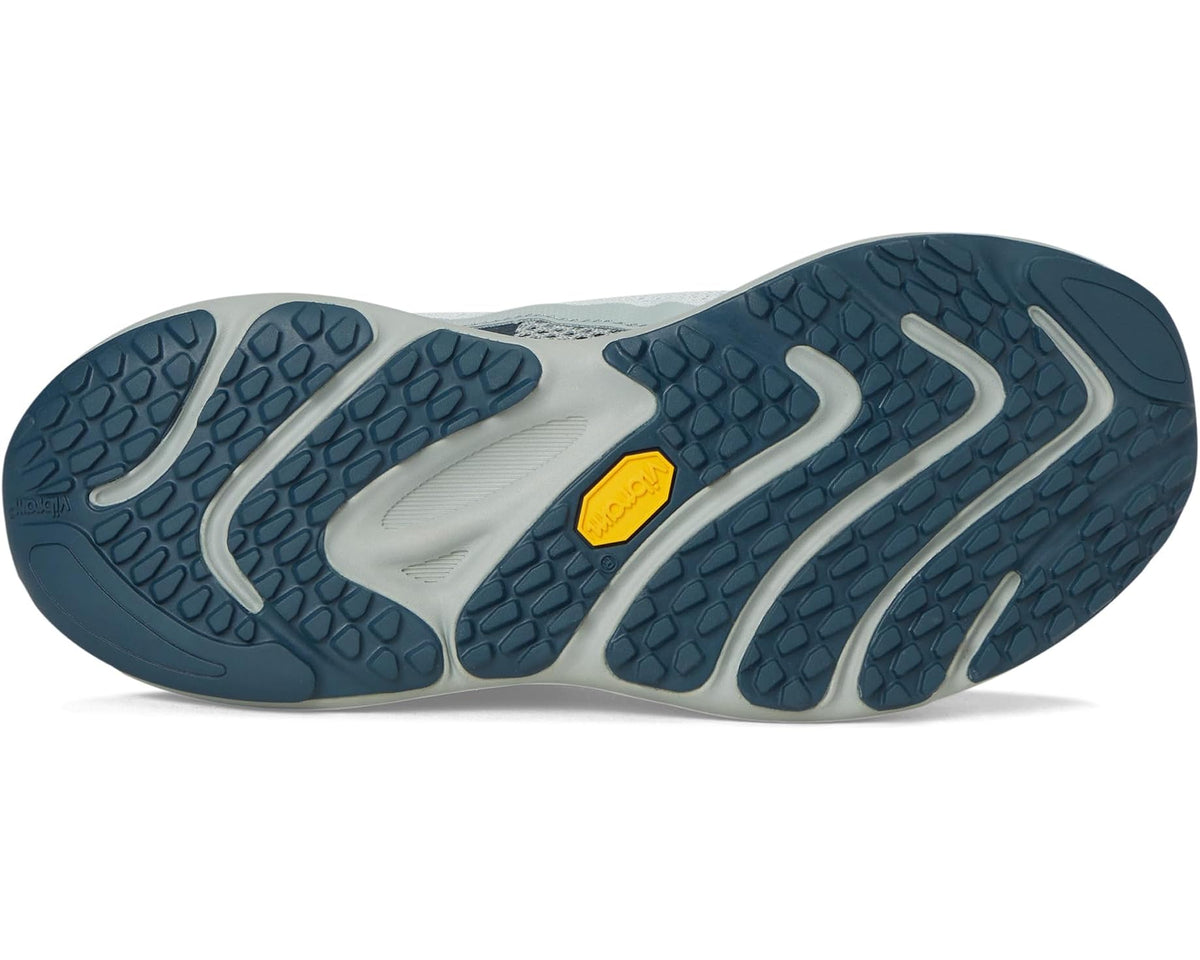 Rubber outsole for light blue Merrell men's running shoe with blue tread and yellow pad