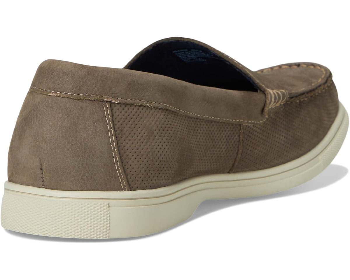 Men's taupe slip-on deck shoe heel with dark blue inner lining and stitching