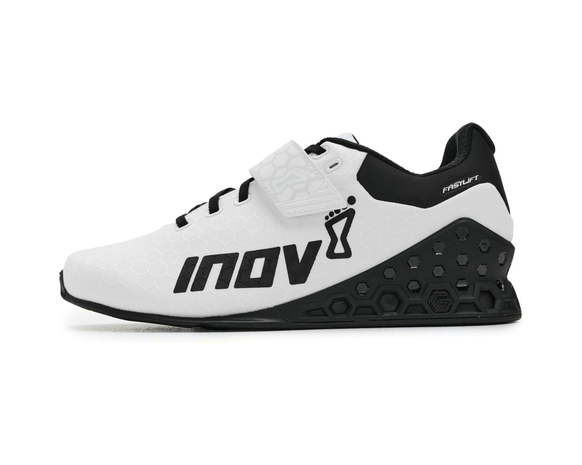 Men's INOV8 Fastlift Power G 380 white and black training shoe, angled side view