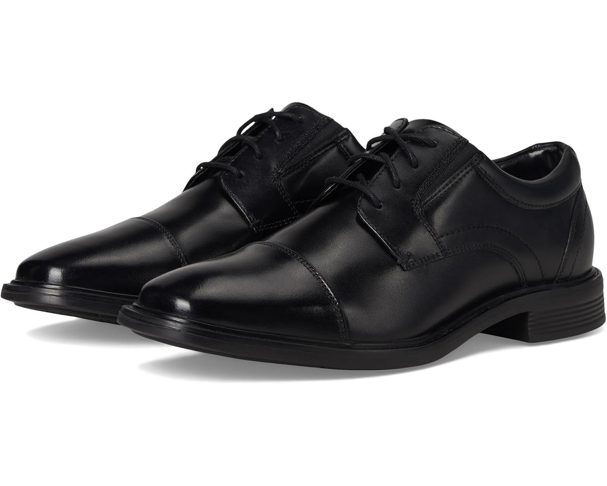 Men's black leather cap-toe derby shoe with lace-up closure