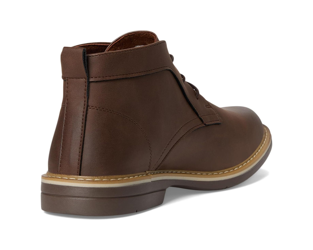 Dark brown lace-up boot heel with rear pull tab and contrast edge stitching