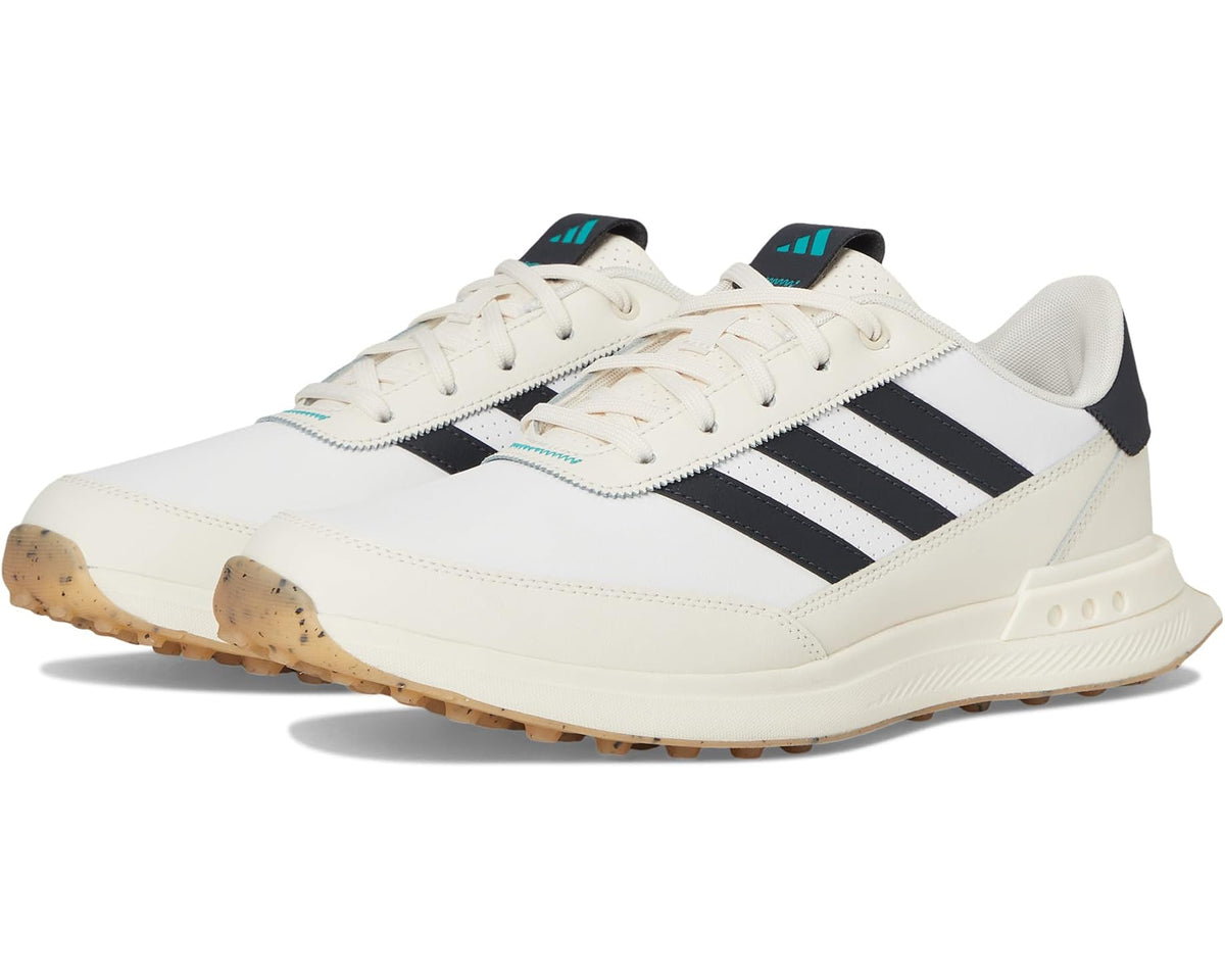 Men's adidas golf spikeless leather shoes, white with black stripes and teal accents