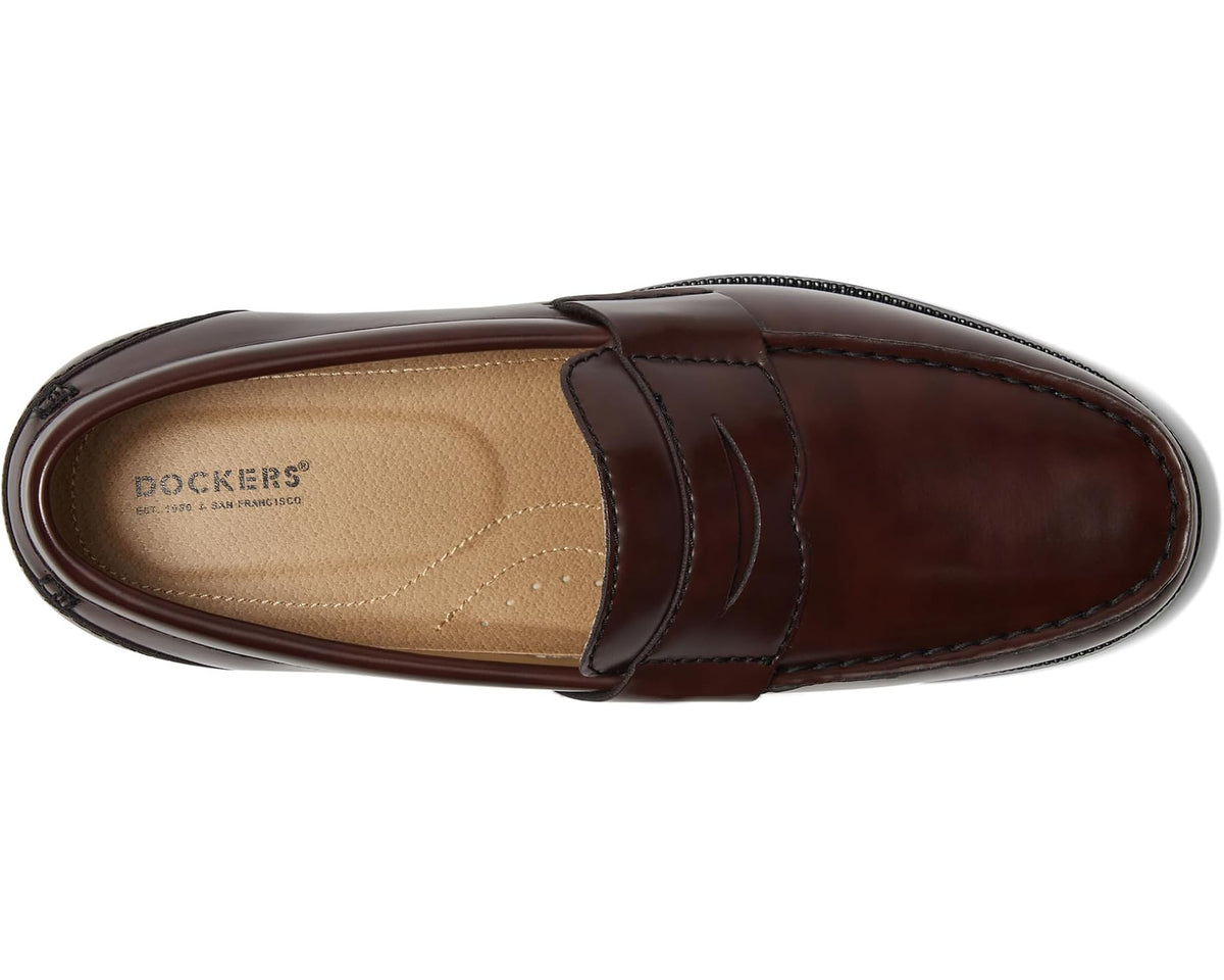 Dockers cordovan leather loafers, side view, showing branded insole and strap