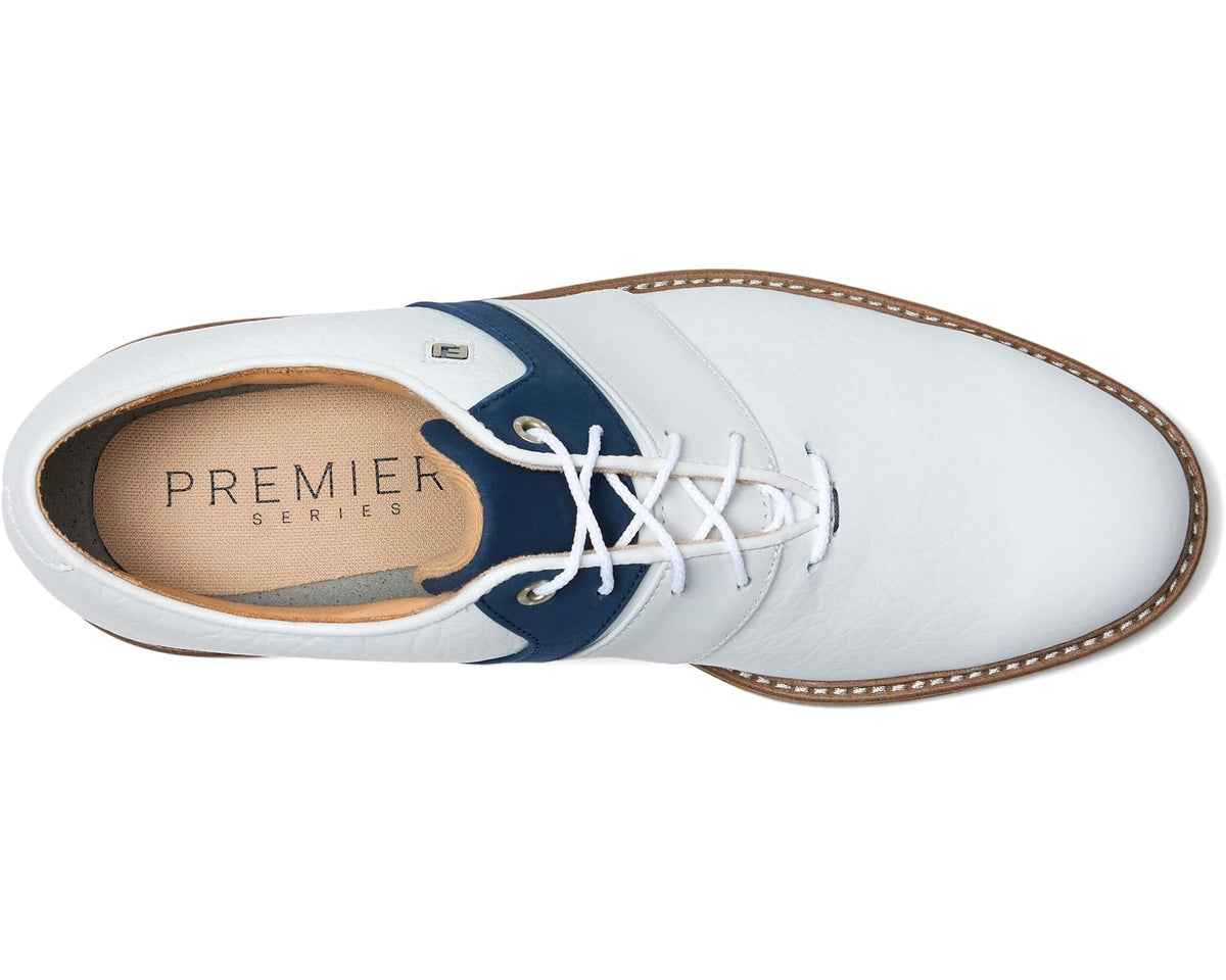 Men's FootJoy golf shoe, white upper with navy collar panel and tan lining.