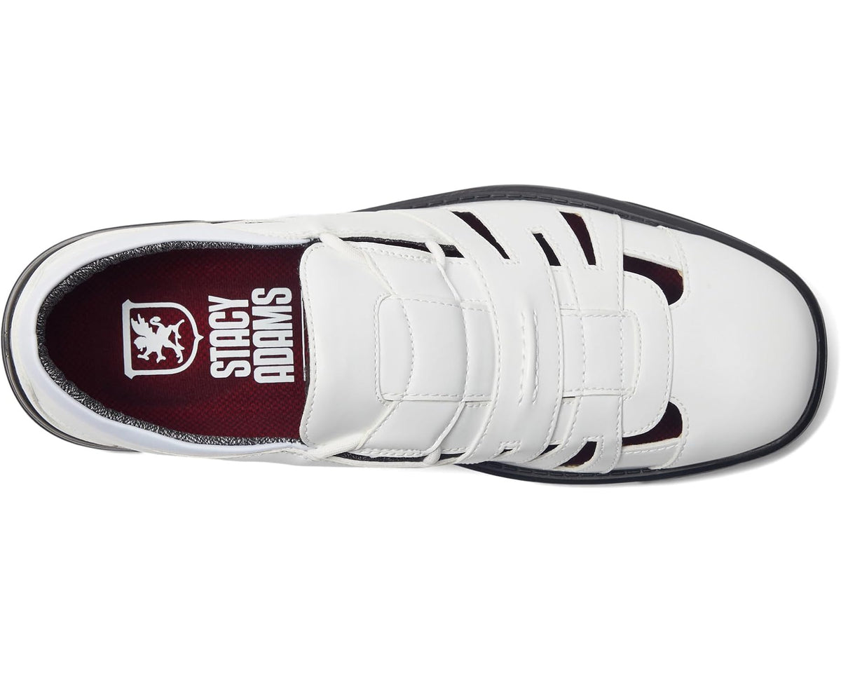 White sandal with cushioned sock lining and decorative logo patch