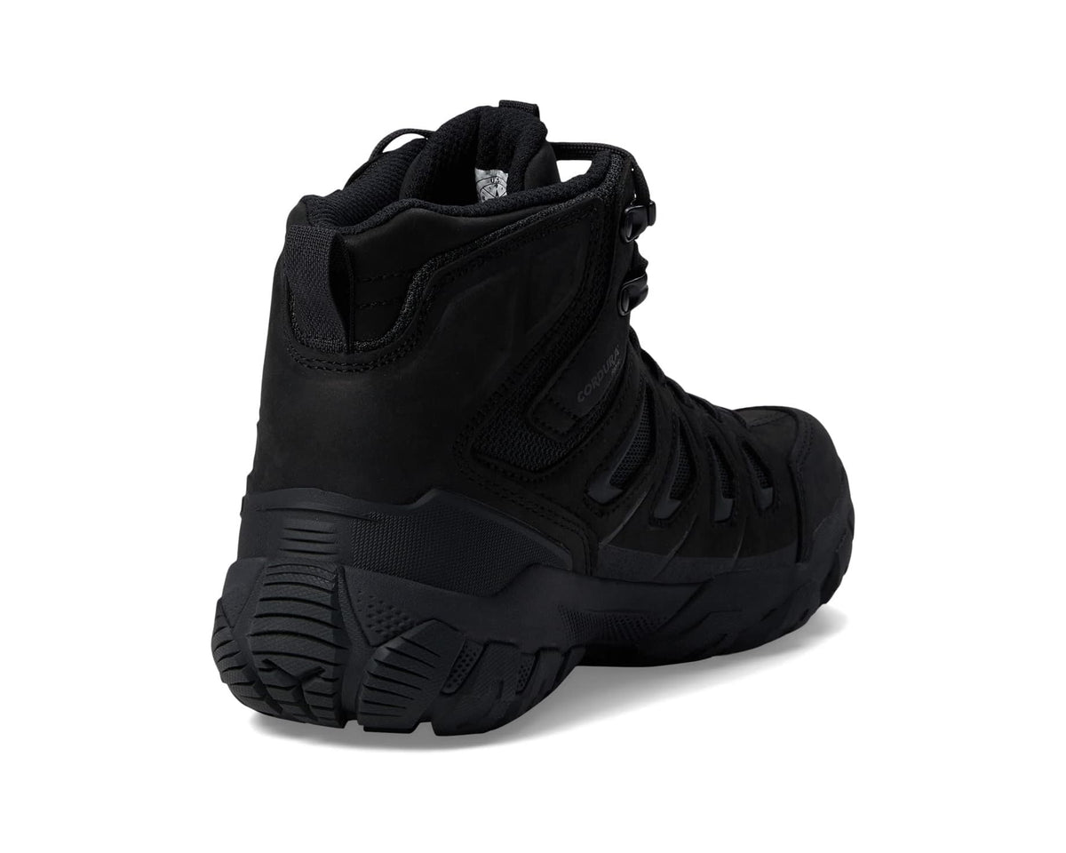 Black mid-top hiking boot back view with lace-up and molded heel panel