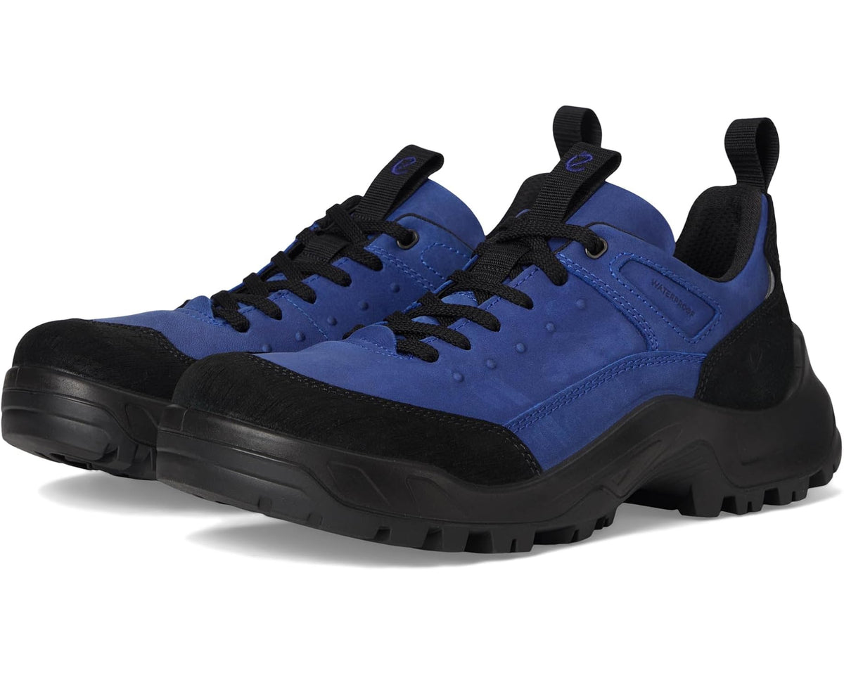 Men's waterproof hiking shoes in blue and black, lace-up with chunky tread sole