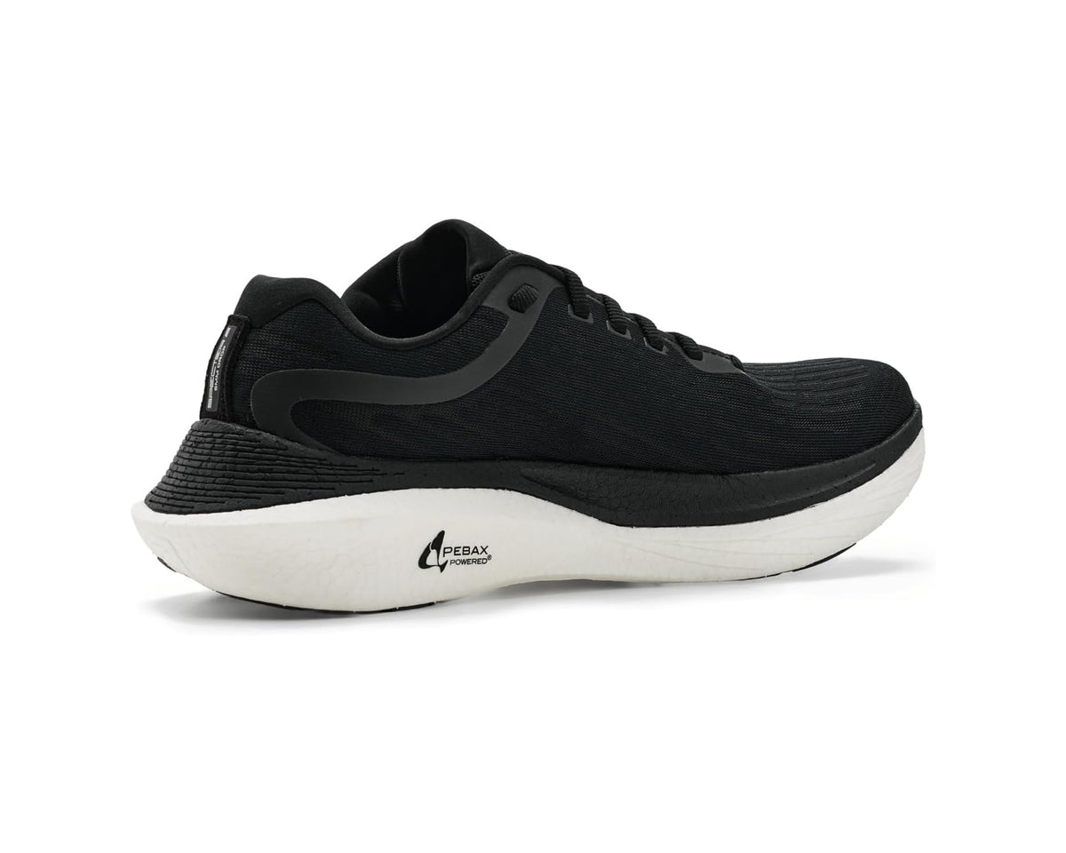 Black lace-up running shoe with side logo detail and white midsole.