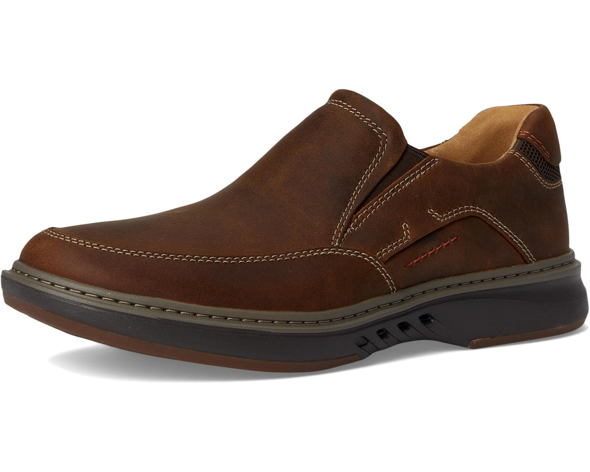 Men's brown leather slip-on loafer, front side view with dark rubber sole