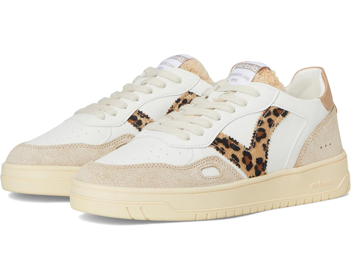 Unisex low-top sneakers with white uppers, leopard stripe, and camel accents