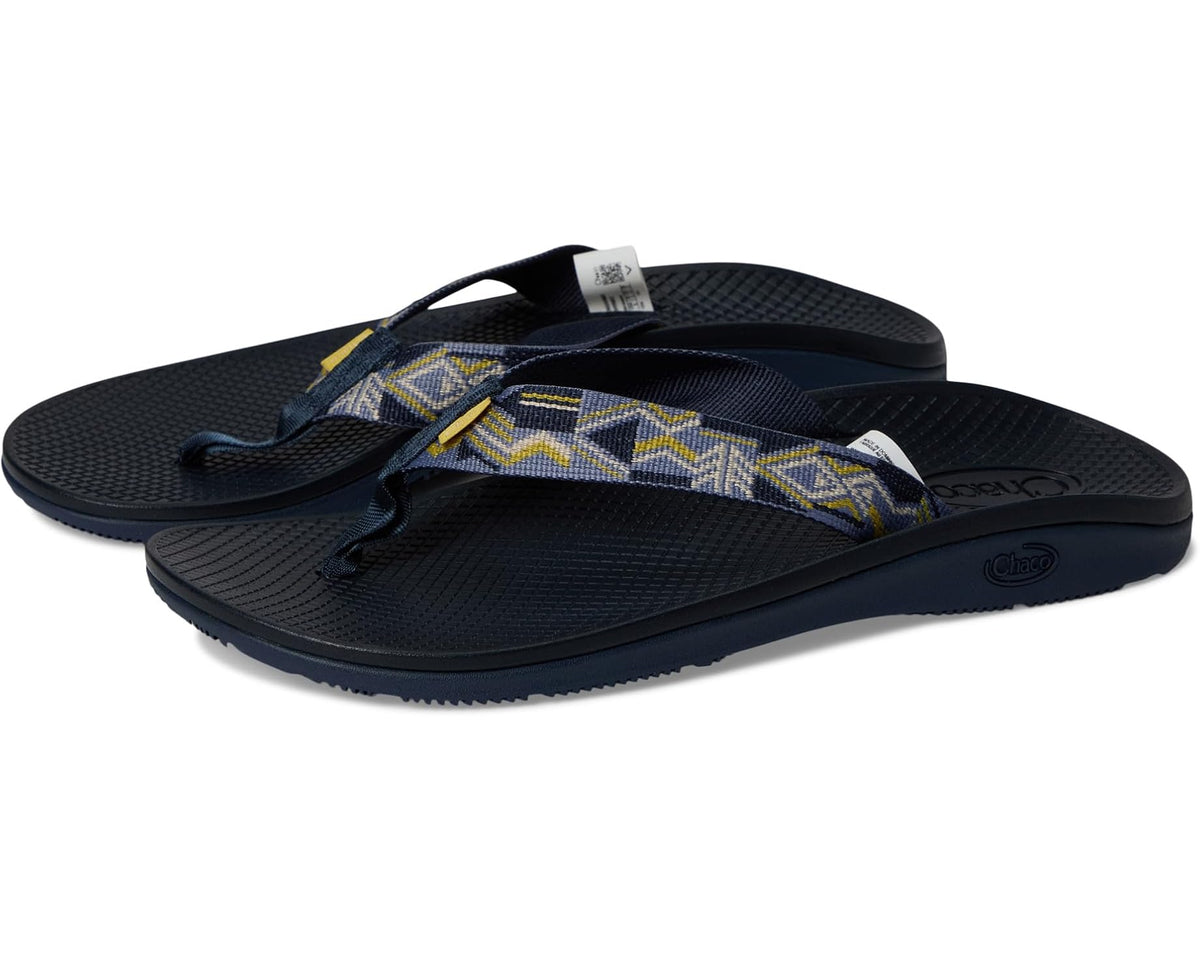 Men's navy flip-flop sandals with patterned strap and textured dark-blue footbed