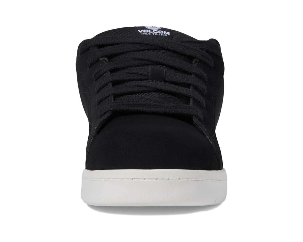 Black lace-up skate shoe front view with padded tongue and white sole