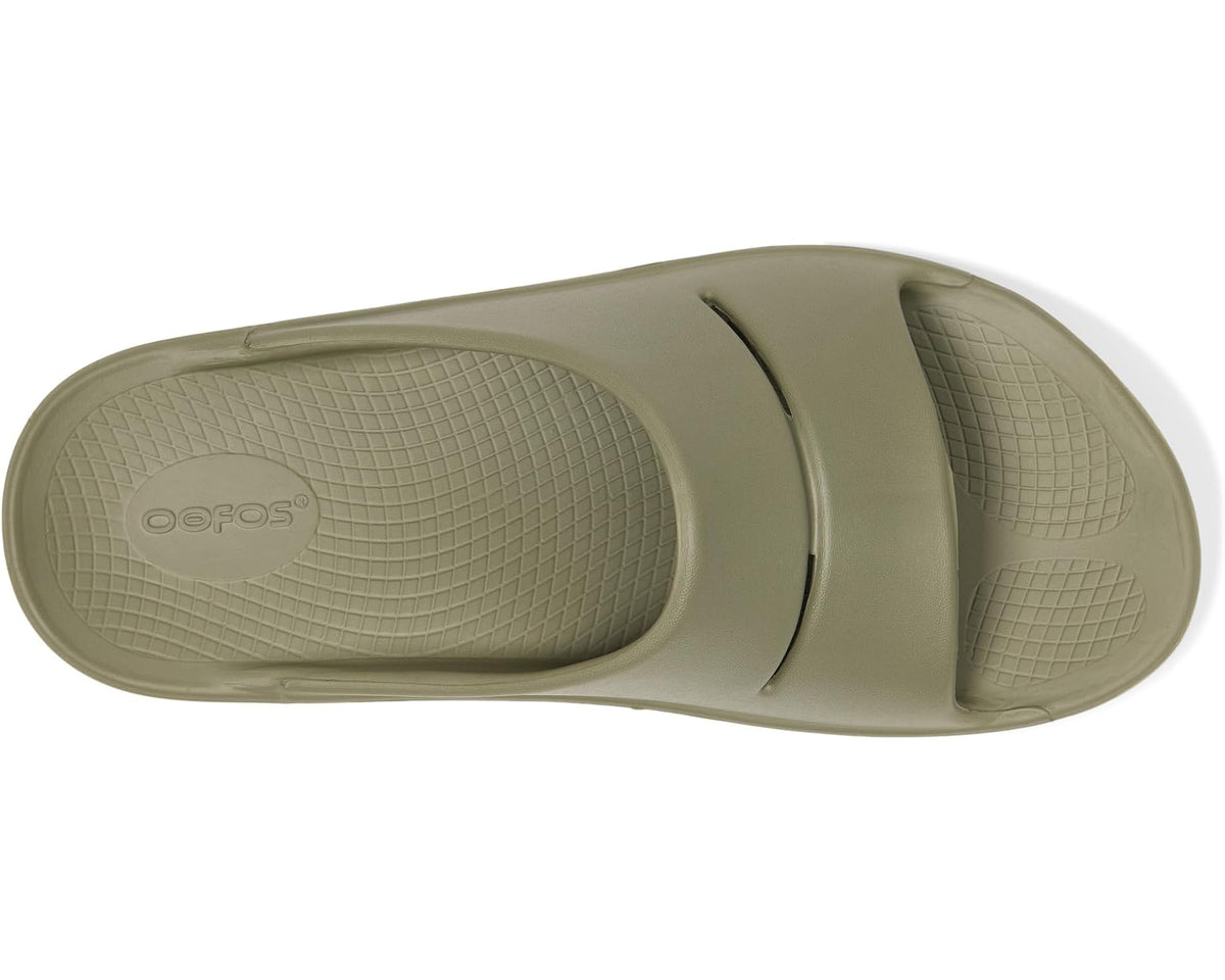 OOFOS foliage olive slide sandal outsole with grid texture and strap