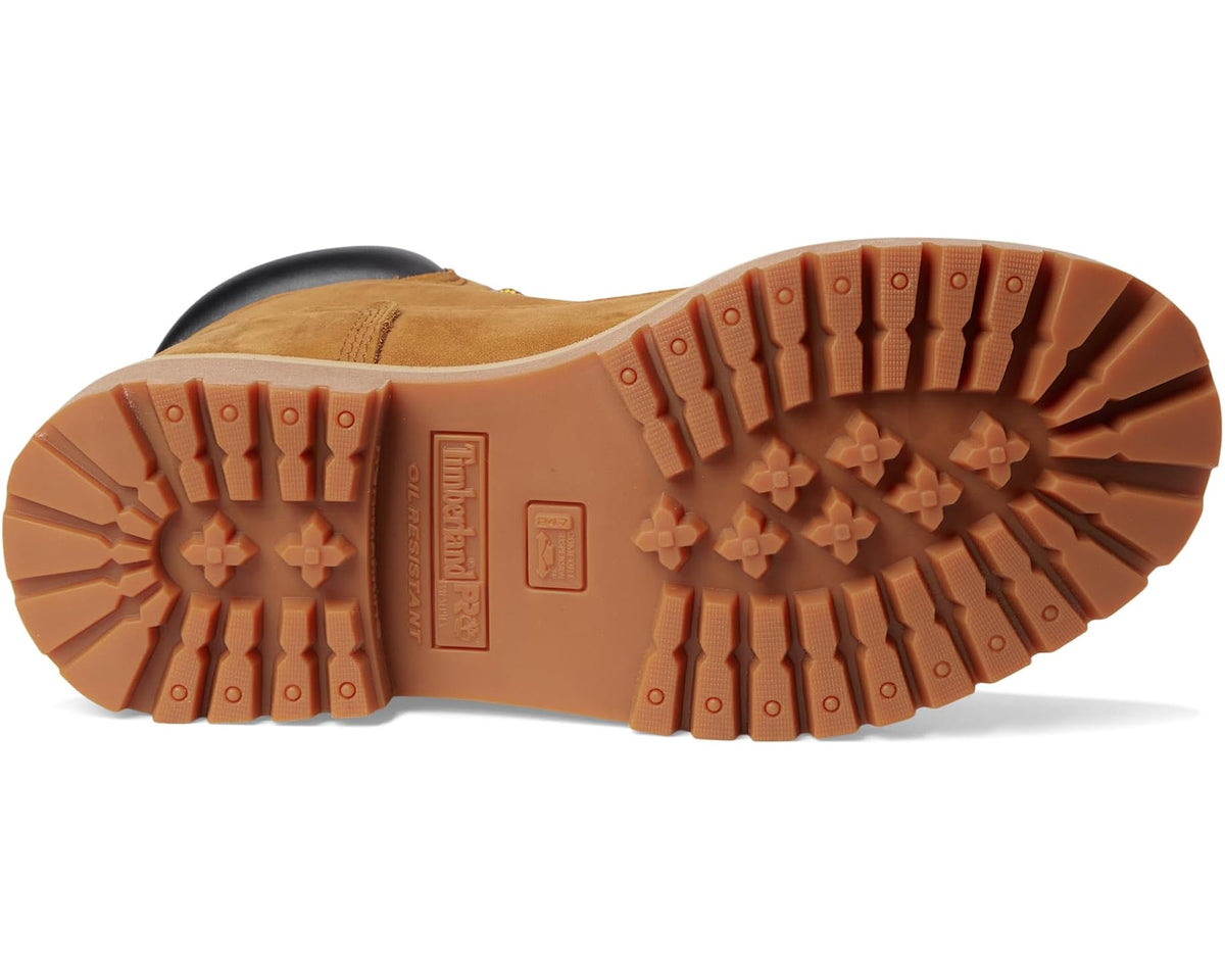 Wheat steel-toe work boot outsole with deep lug tread and reinforced heel grip