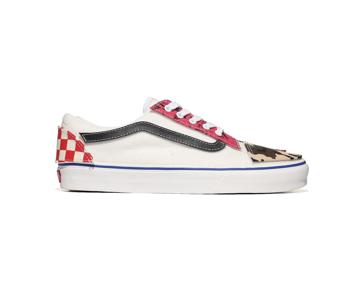 Vans DIY low-top sneakers, side profile with red check patch, black stripe, lace-up