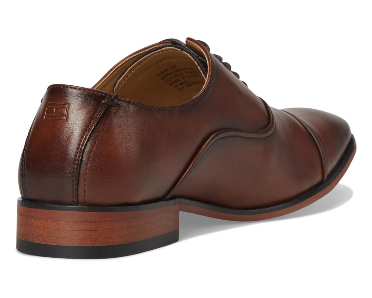 Tommy Hilfiger men's leather oxford shoes in cognac, heel and collar seam view