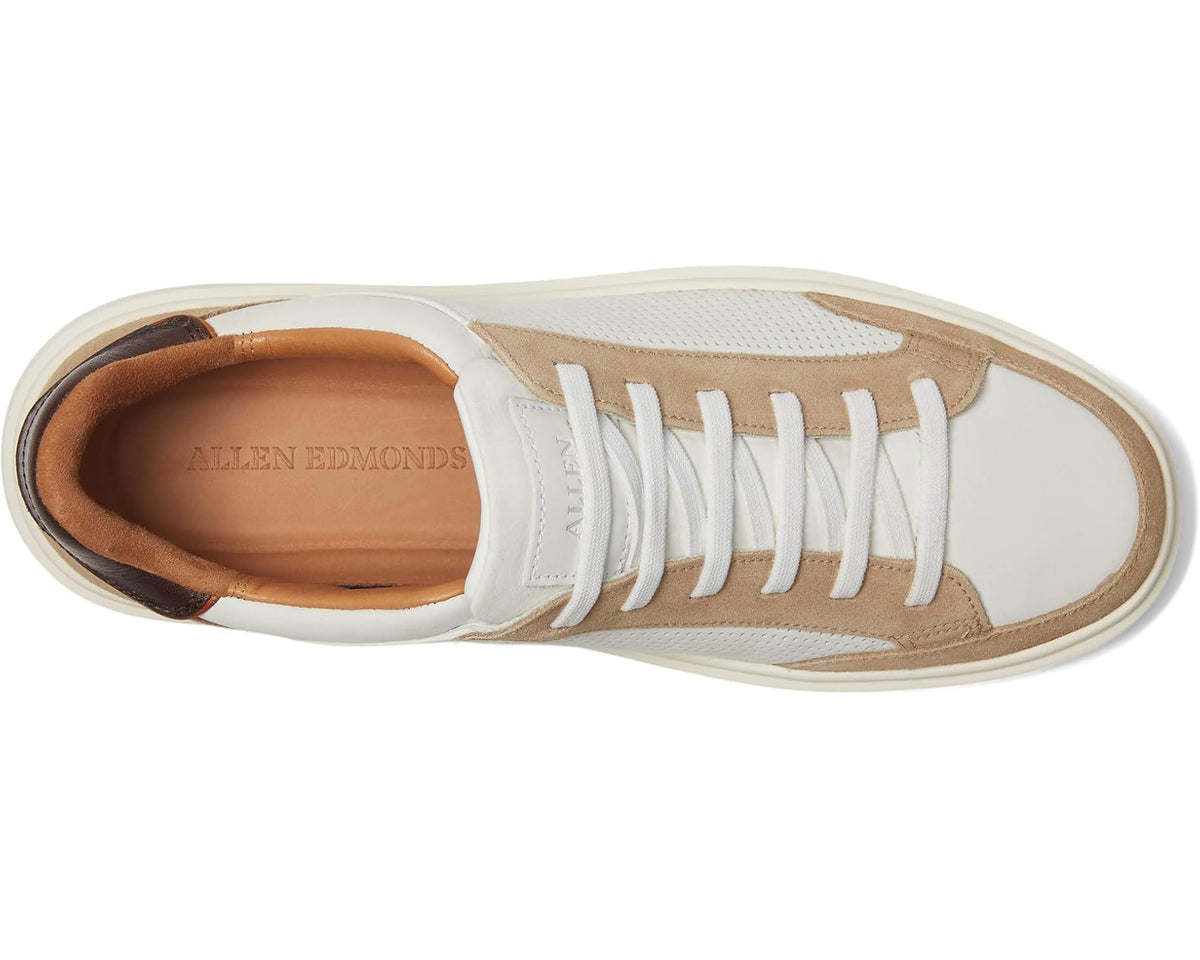 Men's court sneakers, side view: bone white leather mix, tan lining, lace-up