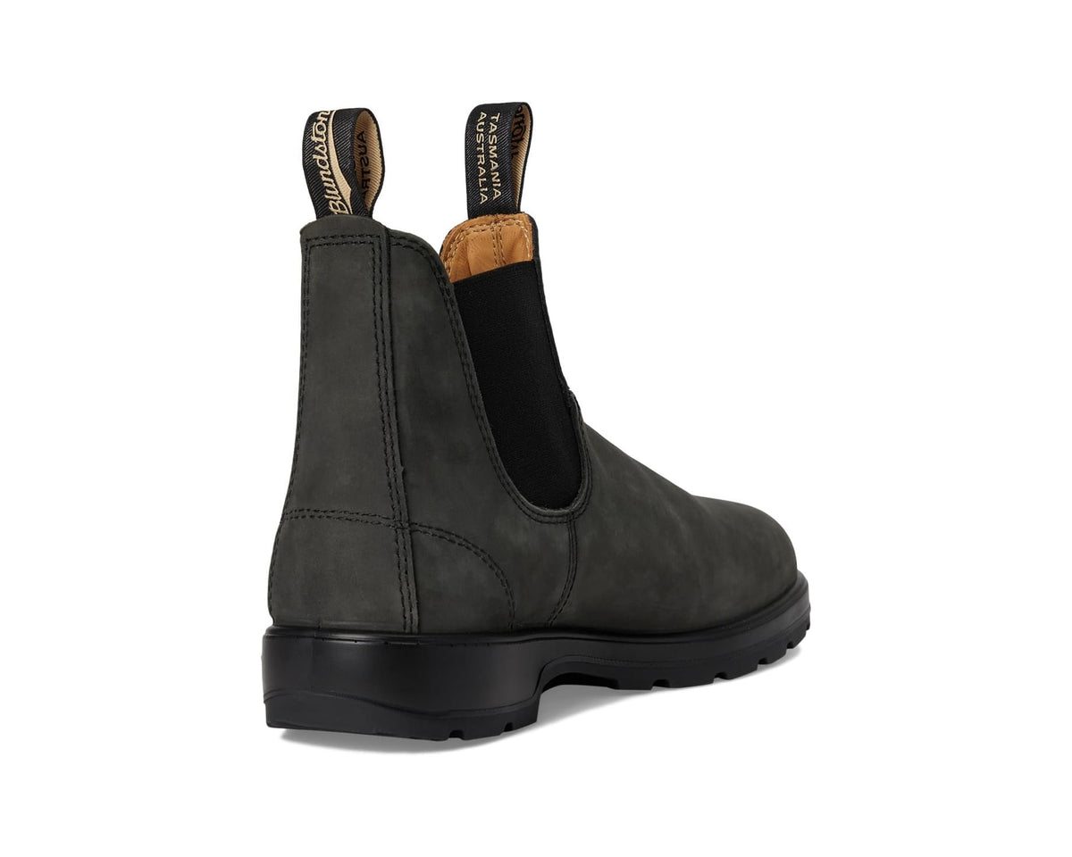Rustic black suede Chelsea boot heel and side profile with chunky rubber sole