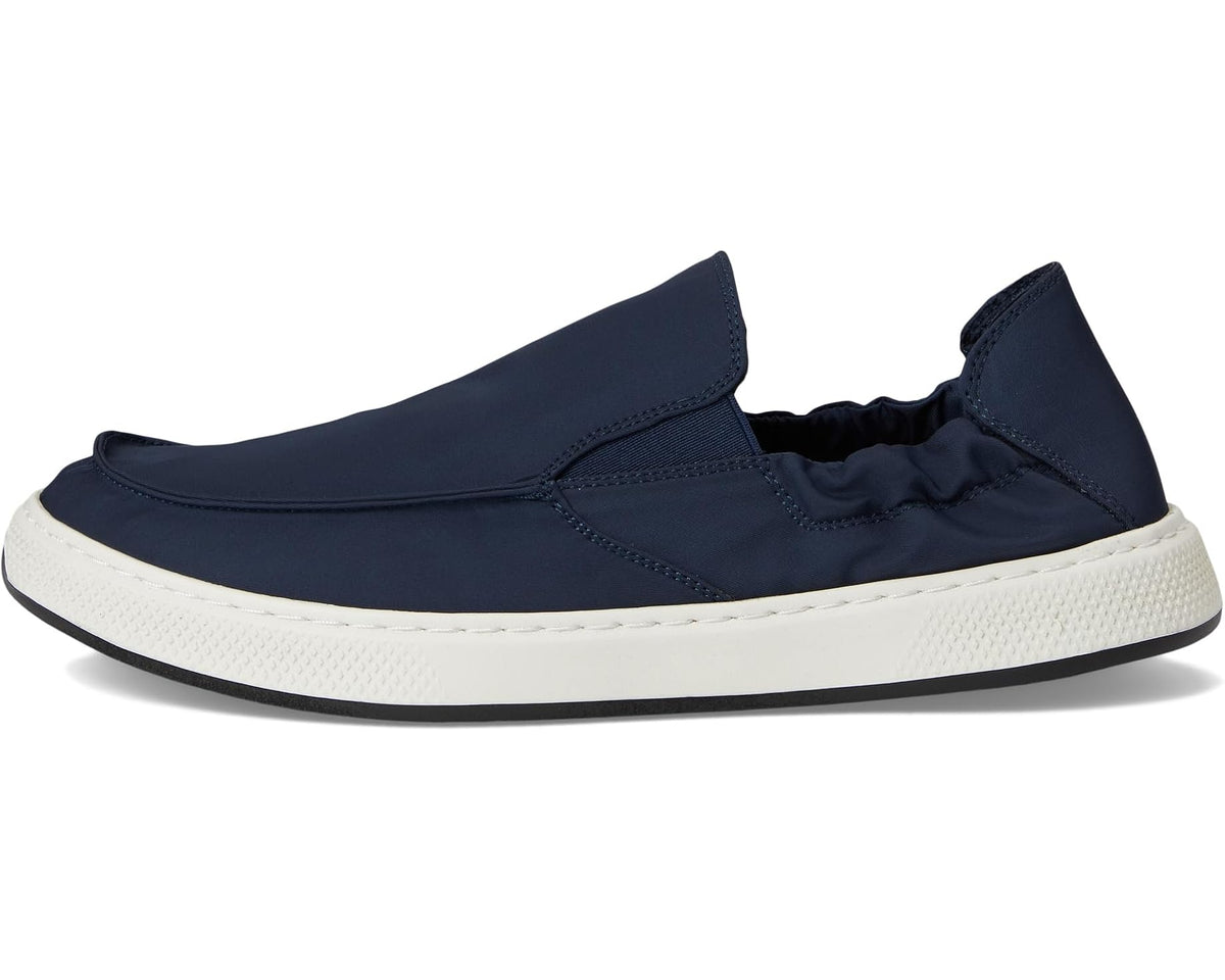 Men's navy fabric slip-on shoes with ruched collar and white sole