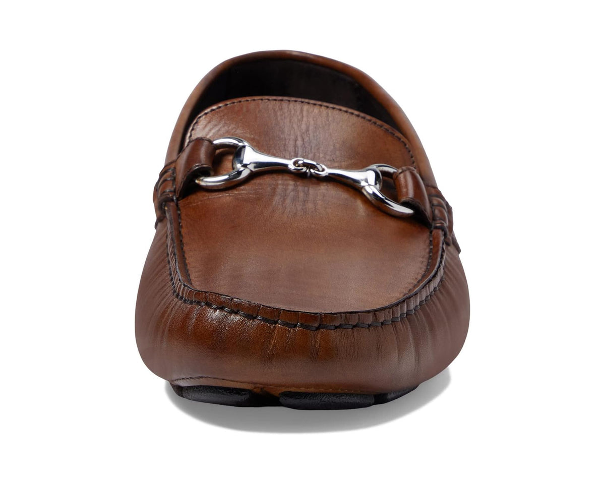 Brown leather loafer back view with metal bit chain strap and cushioned sole