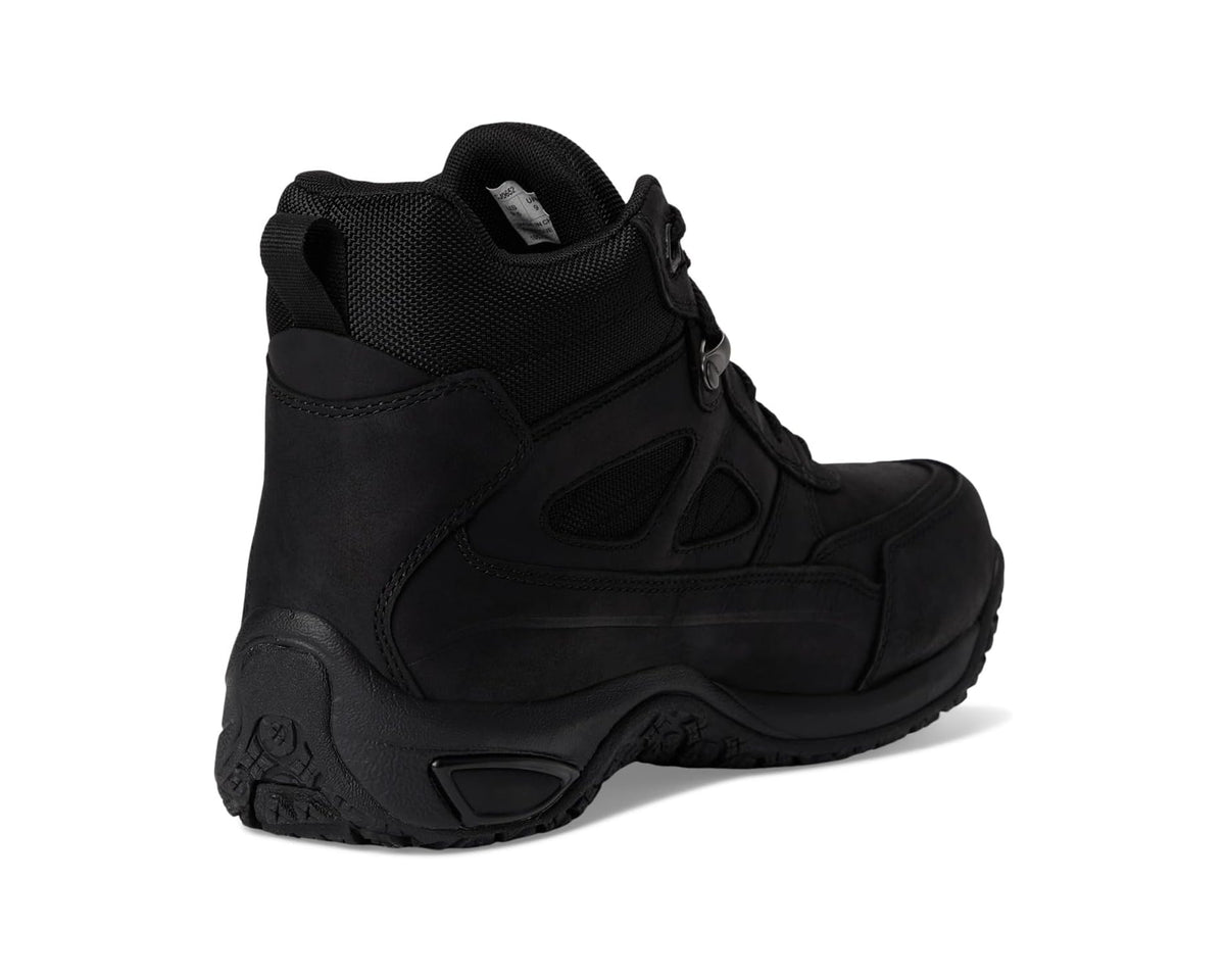 Men's black waterproof mid boots, heel view with pull loop and rugged rubber sole