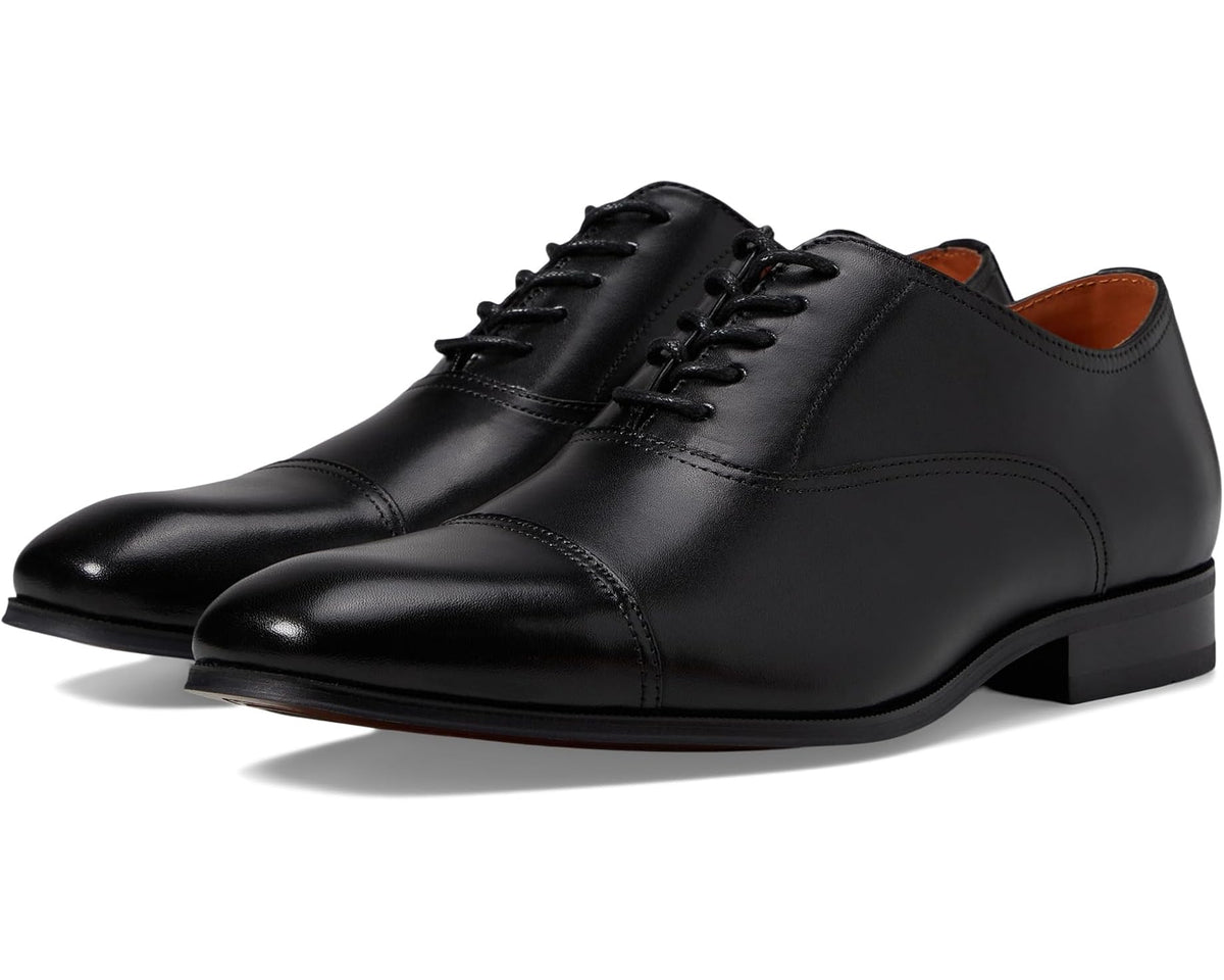 Men's Florsheim cap toe Oxford shoes, black smooth leather, lace-up front view